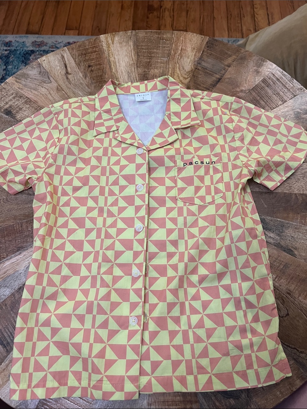 PacSun Kids Short Sleeve Button-Up Shirt in Yellow & Coral Geometric